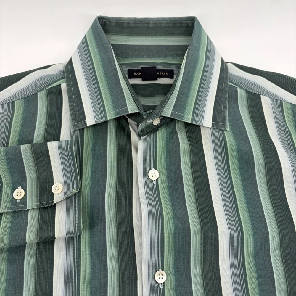 Banana Republic Mens Green Striped Long Sleeve Button Down Shirt 15-15 1/2